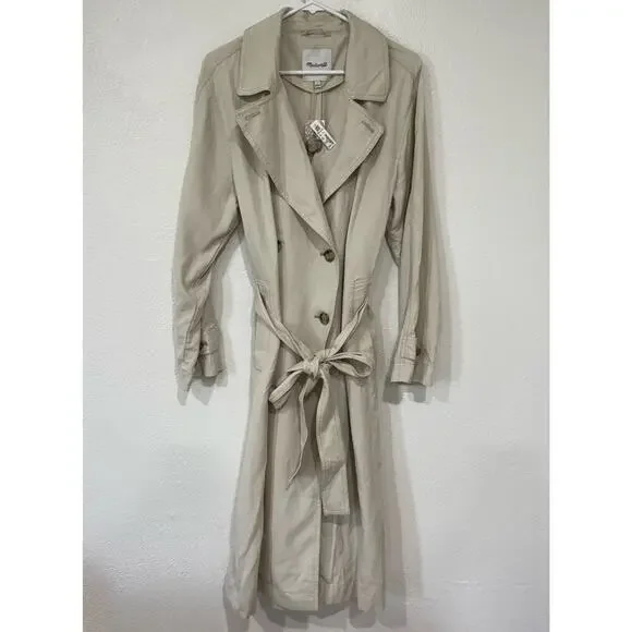 NWT Madewell Belted Trench Coat in Drapey Twill Muted Stone Chic Size Large - Picture 2 of 7